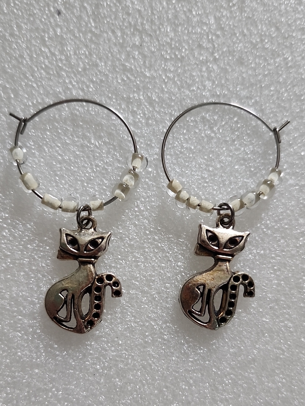 Silver Cat Charm Hoop Earrings with White Beads